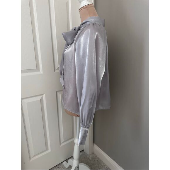 Lulu’s Luxe Shiny Silver Tie-Neck Top - Picture 4 of 12